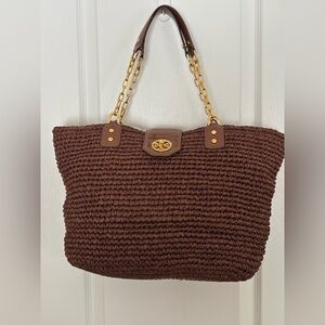 Tory Burch Raffia Straw Handbag with Gold Accents and Drawstring Dust Bag